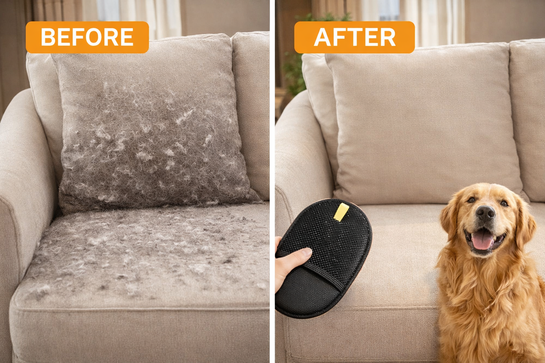 Couch covered in pet hair before, and clean after using the FurAway glove